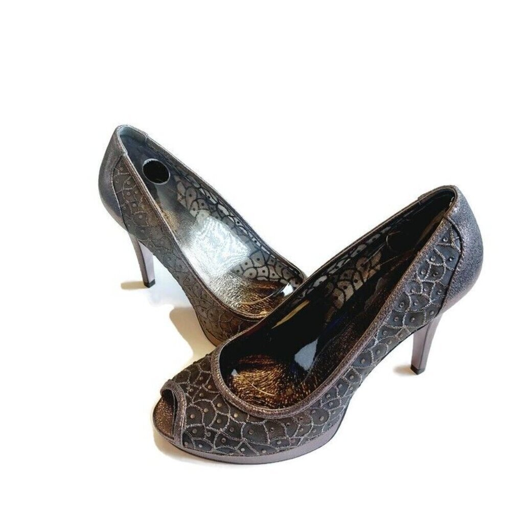 Adrianna Papell FOXY Shoes Womens 9 Embellished Shimmer Peep Toe Heels Gunmetal - Picture 5 of 11